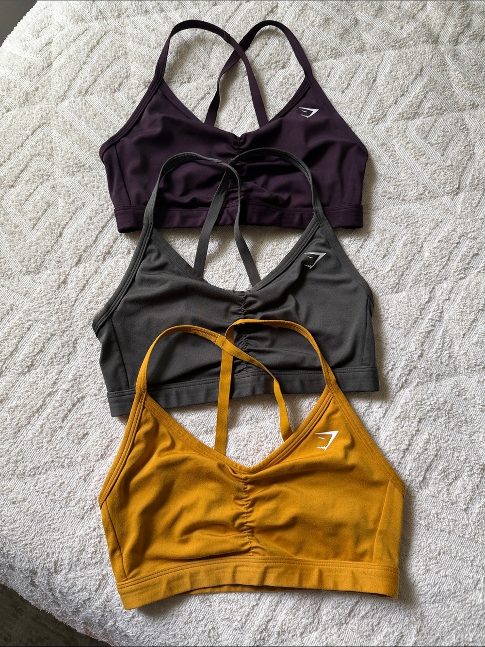 Gymshark Strappy Sports Bras — Mustard, Charcoal, Plum